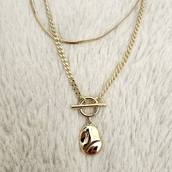 NEW J. Crew Hammered Gold T-Bar Pendant Necklace Double Strand Two Piece - Picture 3 of 8